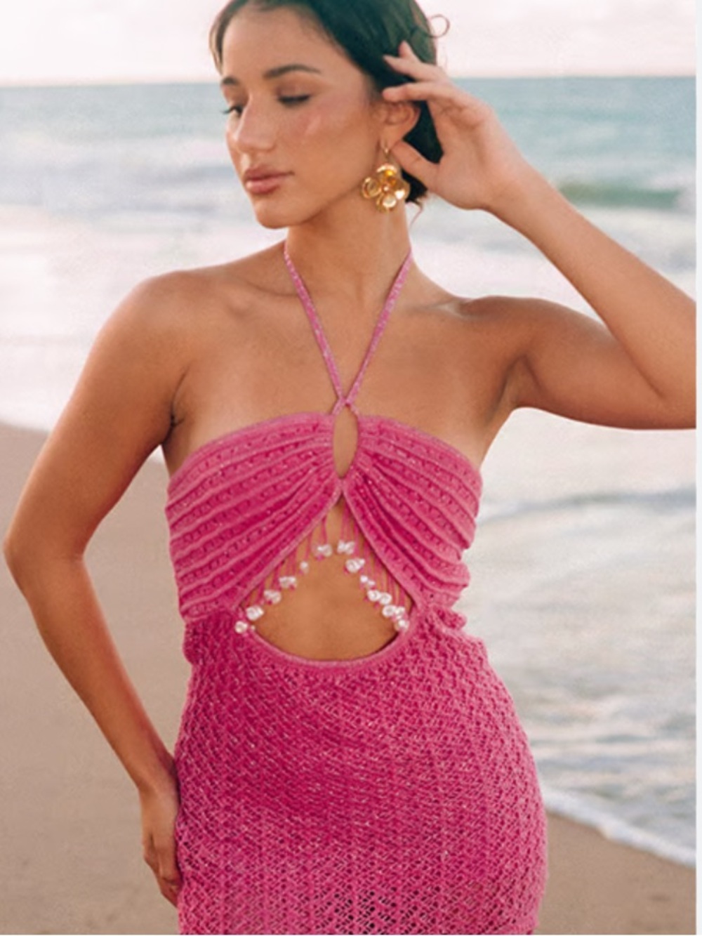 Capittana Daria hot pink Halter Crochet Mini Dress with Beaded Tassel Trim - Picture 5 of 12